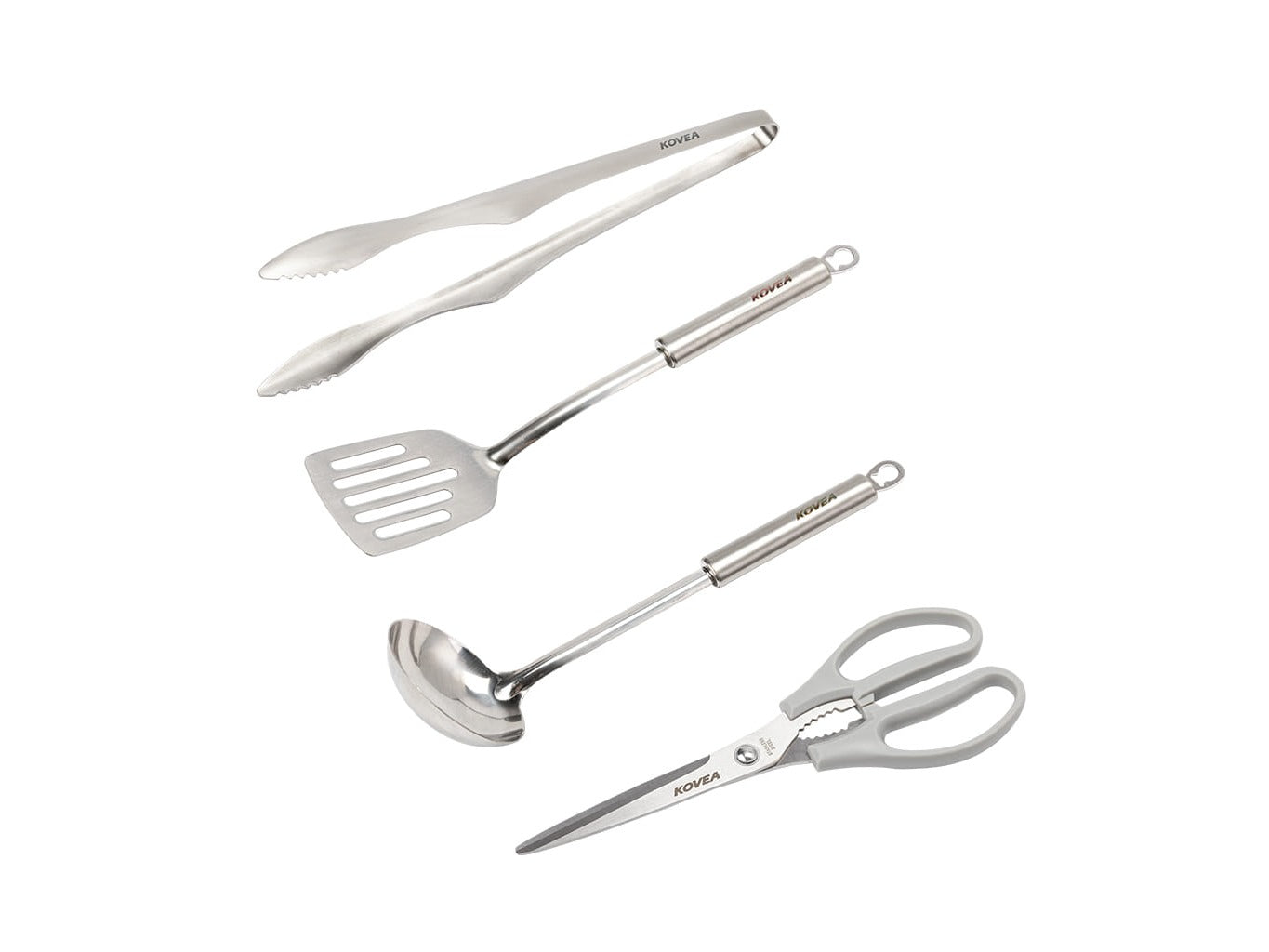 Stainless steel tongs, turner, ladle, and scissors from the Cooking Tool Set