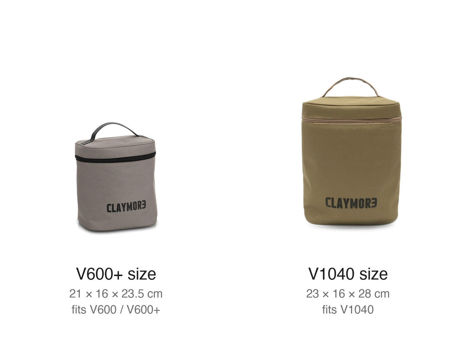 V600+ size and V1040 size CLAYMORE fan cases side by side with dimensions - 21 by 16 by 23.5 cm and 23 by 16 by 28 cm