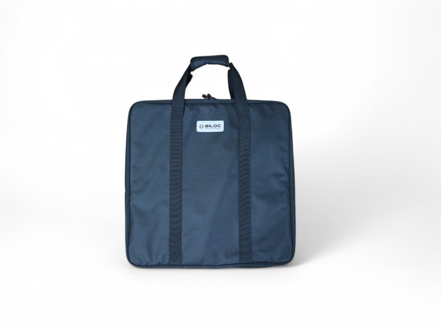 The included padded table bag closed, with the BILOC label and twin webbing handles.