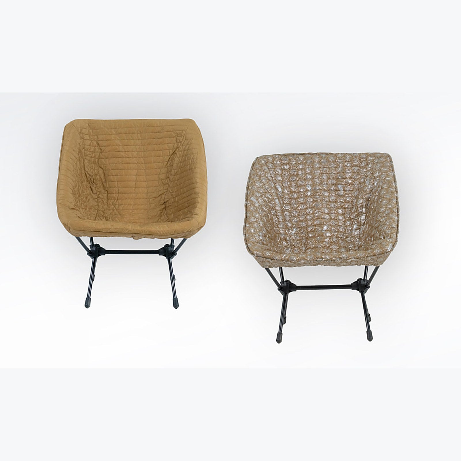 DEOS Chair Warmer in tan — quilted face and heat-reflective side on a camp chair