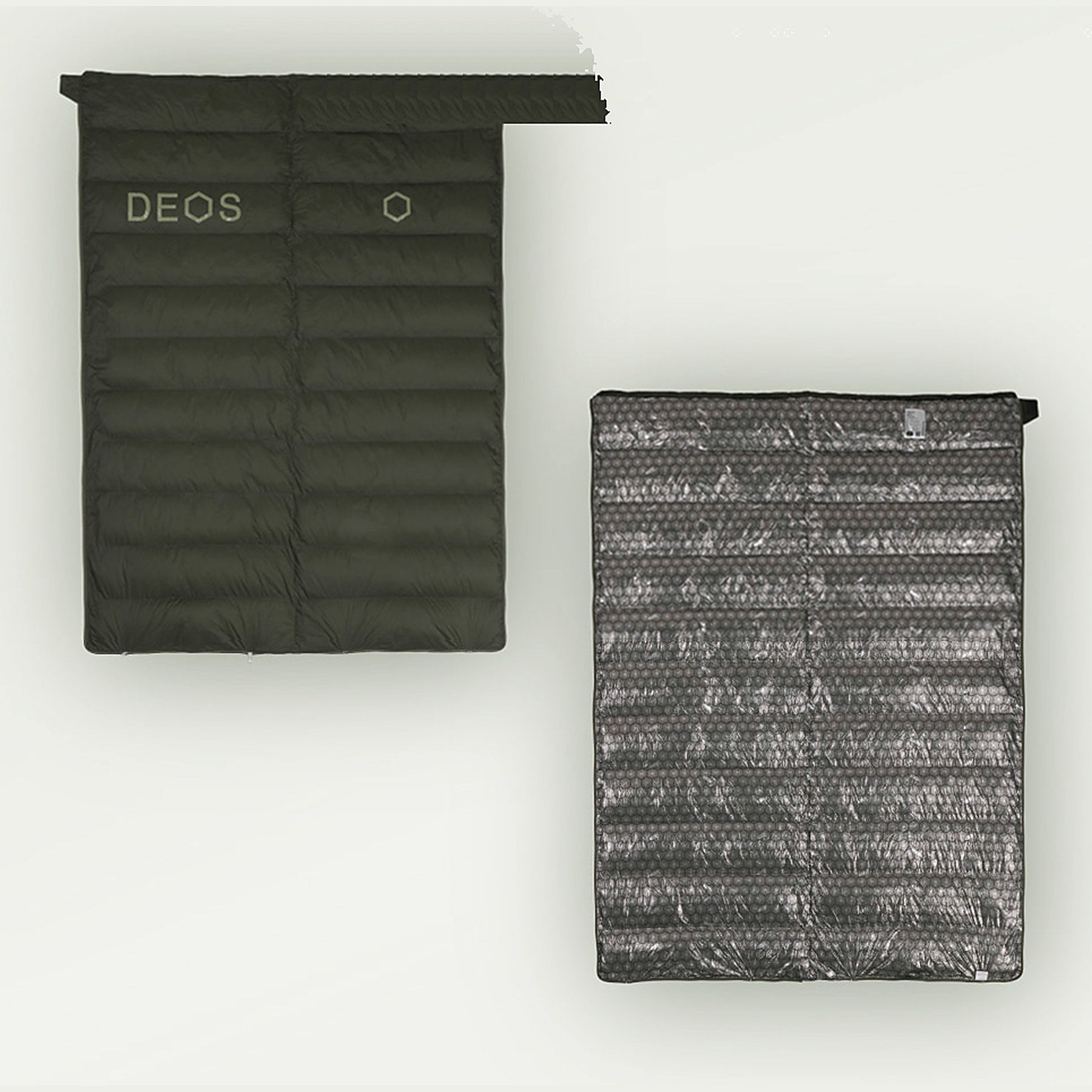DEOS Eco-Down Camp Comforter 1500 in olive — quilted face and heat-reflective lining