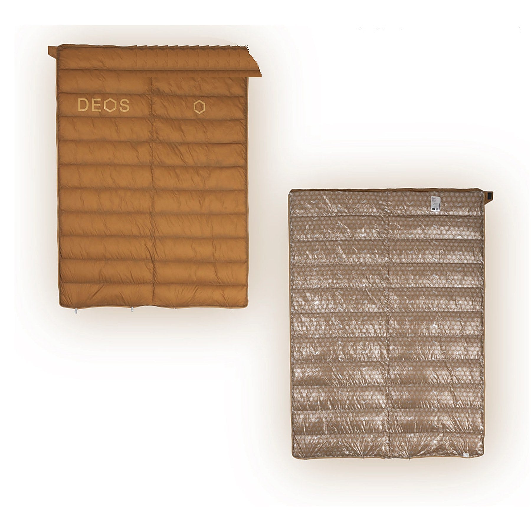 DEOS Eco-Down Camp Comforter 1500 in tan — quilted face and heat-reflective lining