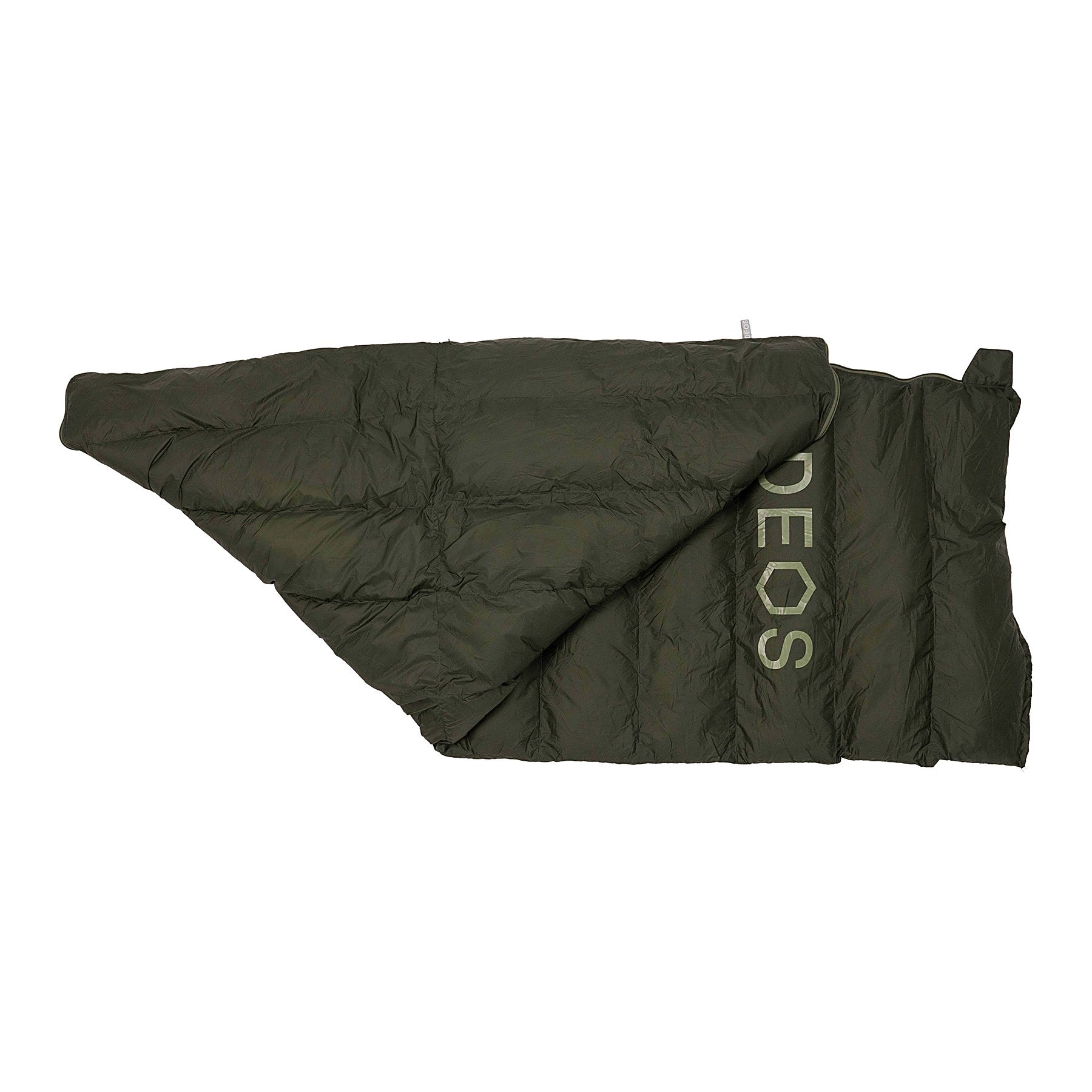DEOS Eco-Down Camp Comforter 1500 corner folded showing reflective lining, olive
