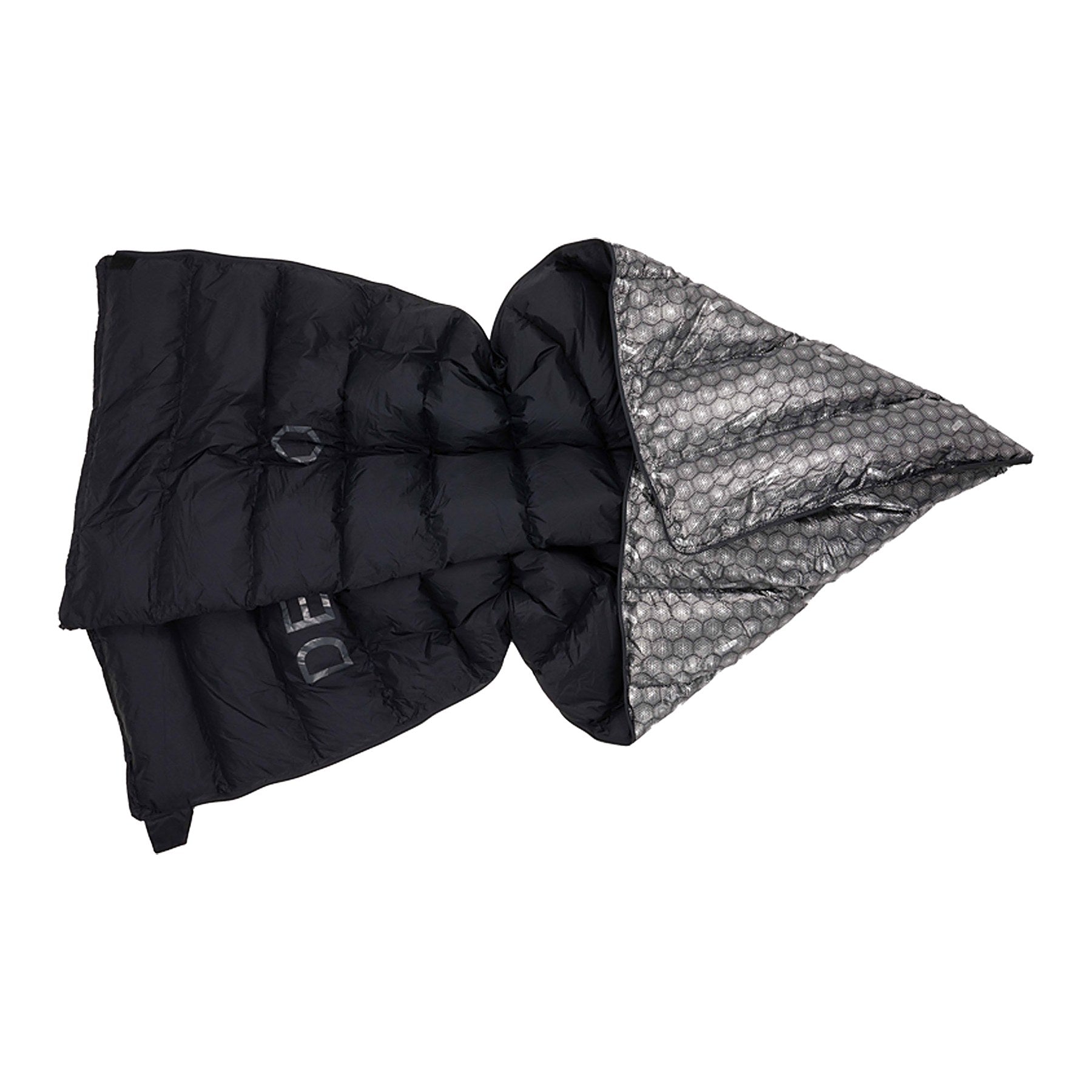 DEOS Eco-Down Camp Comforter 1500 deep loft with reflective lining fanned open, black