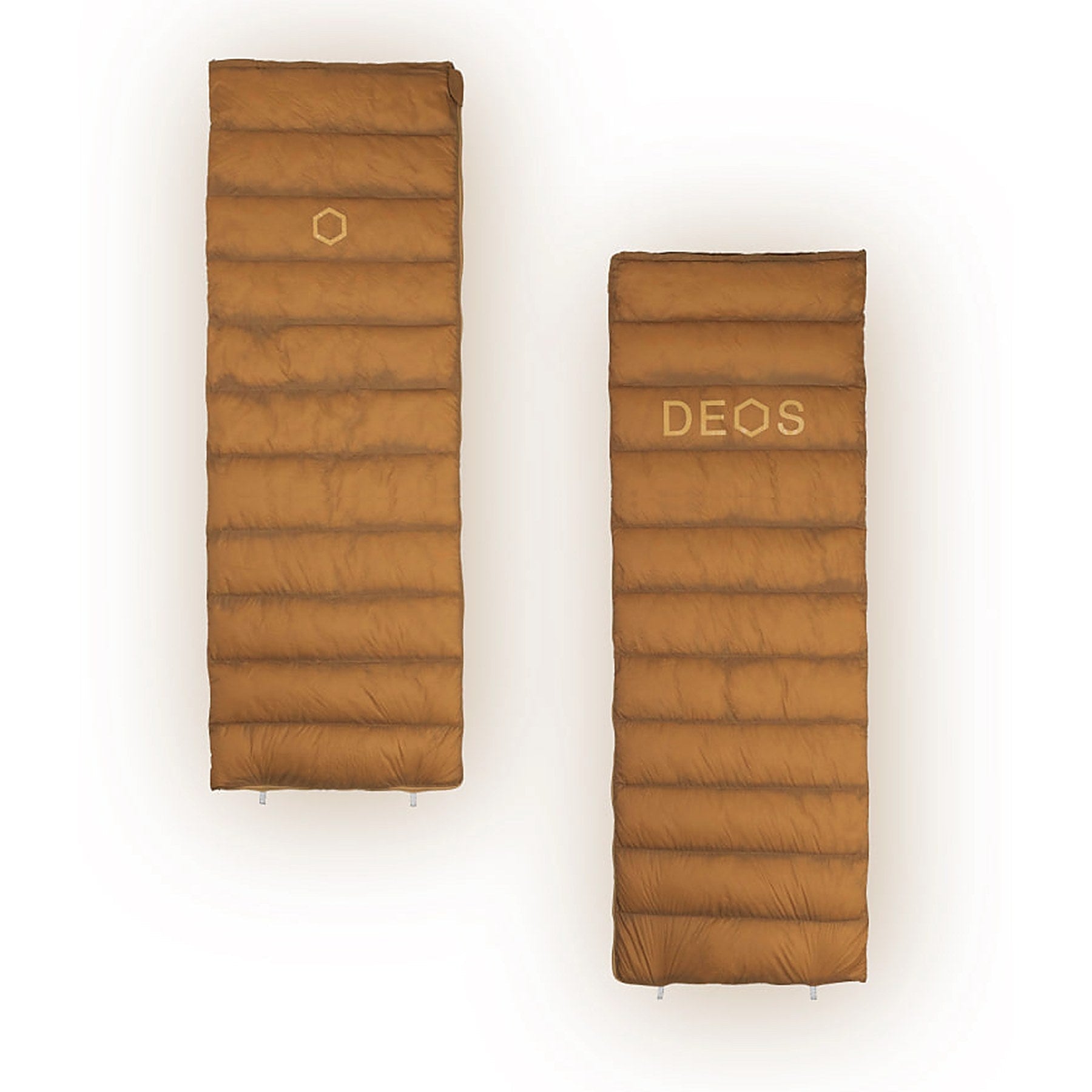 DEOS Eco-Down Camp Comforter 500 front and logo view, tan