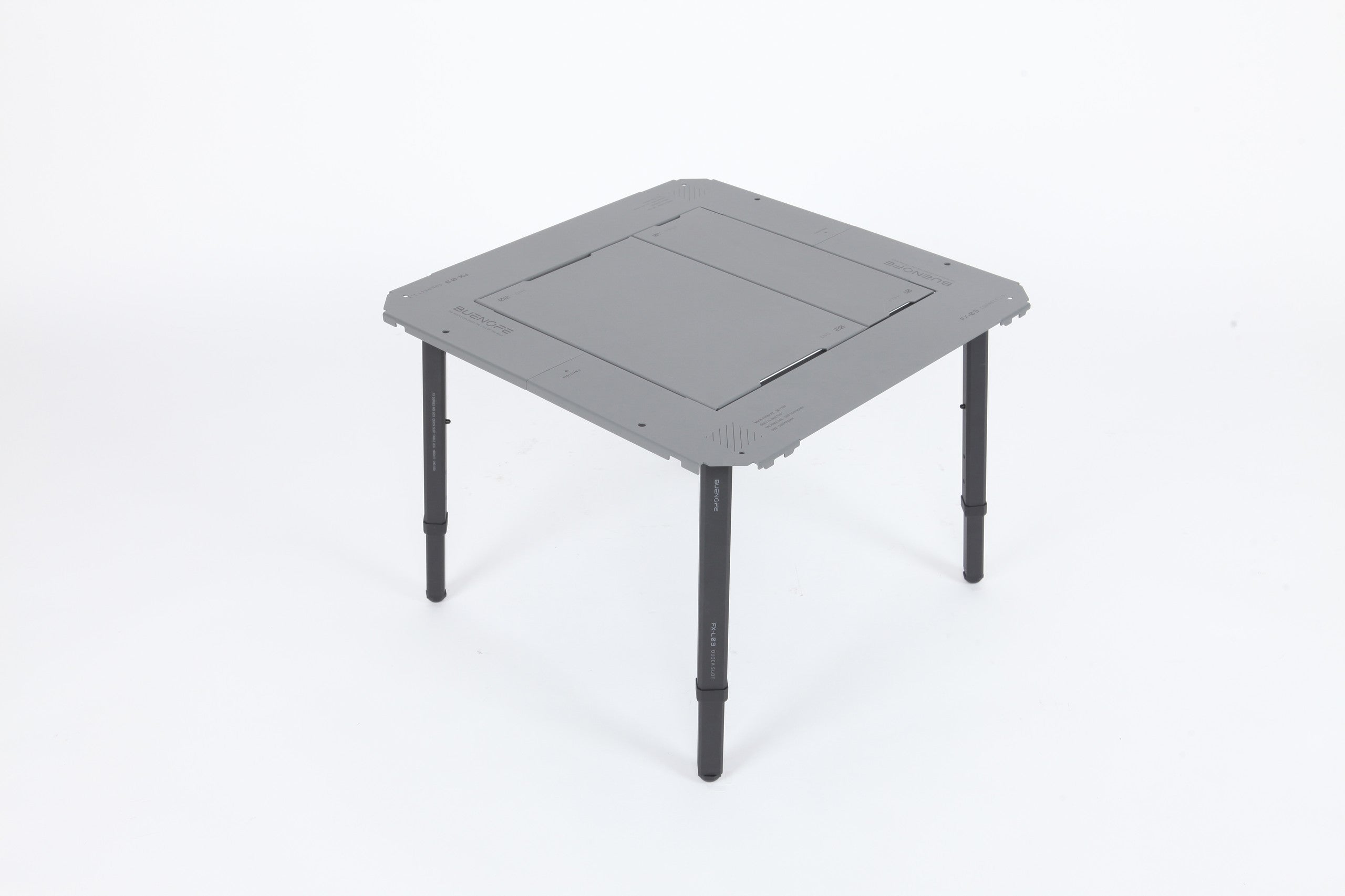 BUENOFE IGT Connect Table 1.5 assembled with four quick-slot legs and top plates into a standalone square 1.5-unit table, shown at a three-quarter angle on a white studio background.