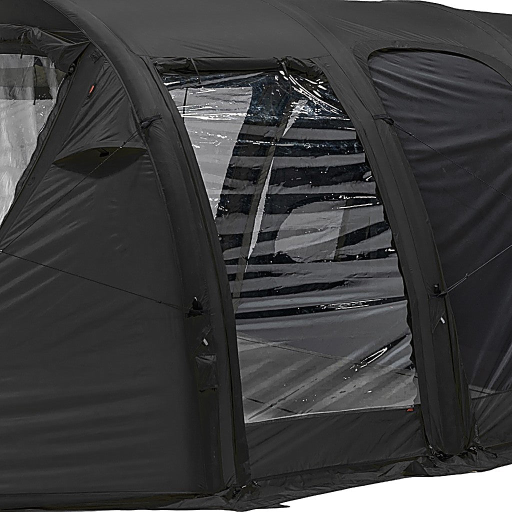 Close-up of the Kovea TPU Side Extension panel installed on a black air tent, clear window between inflatable beams