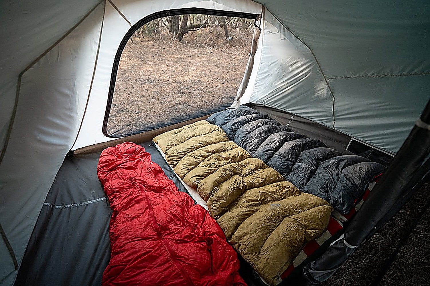 Interior of the Shelter GM Vestibule Inner Tent with red, tan and gray sleeping bags, door open to a forest campsite