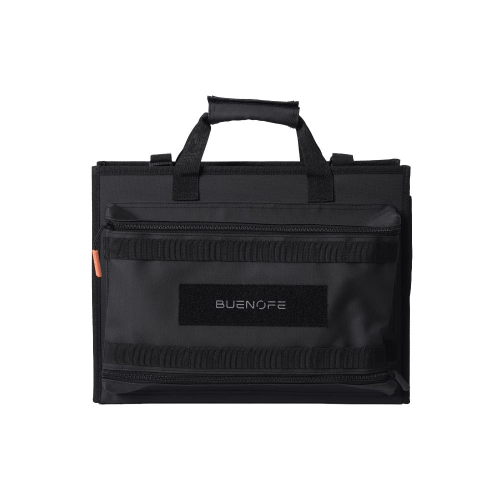 BUENOFE Multi Storage Bag Slim viewed from the back on a white background, showing the rear panel, a full-width zippered pocket, the BUENOFE logo patch and the top and bottom mounting straps used to hang it on a camp chair.