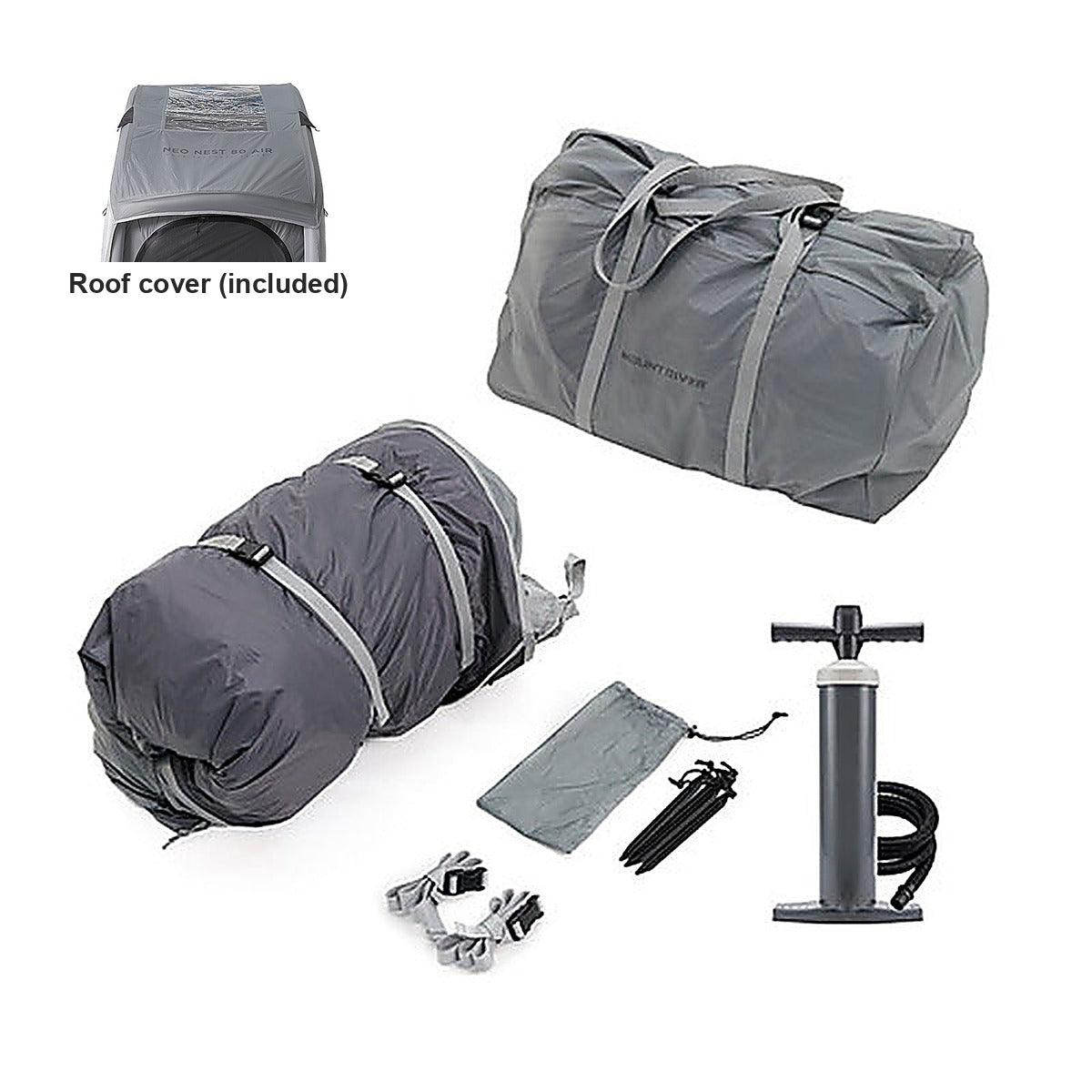 What is in the box: packed tent, stuff sack, pouch, alloy pegs, hand pump and the roof cover (included).