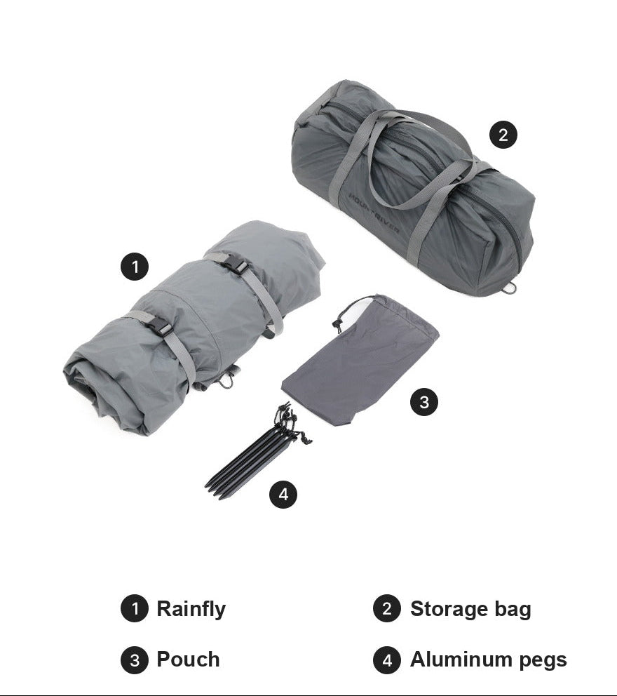 Contents on white: rolled rainfly, storage bag, pouch and aluminum pegs, numbered one to four.