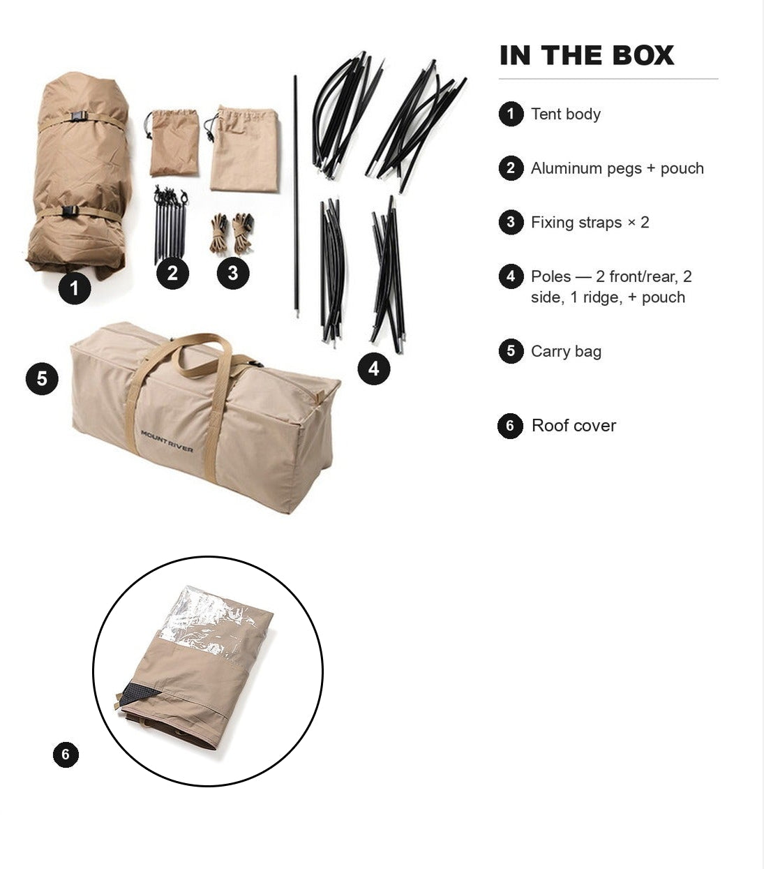 What is in the box: packed tent, carry bag, pole and peg pouches, aluminium poles, pegs and the roof cover (included).