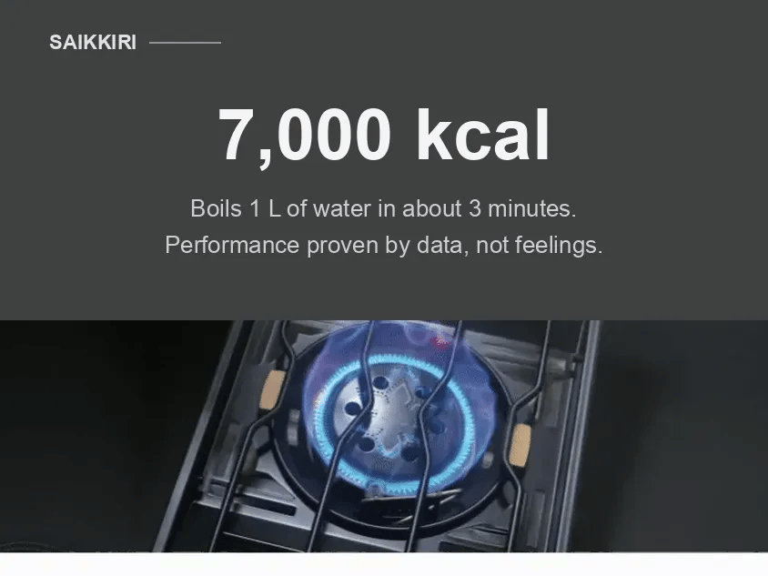 Saikkiri Personal Flat Burner with a blue flame and the 7,000 kcal heat-output callout
