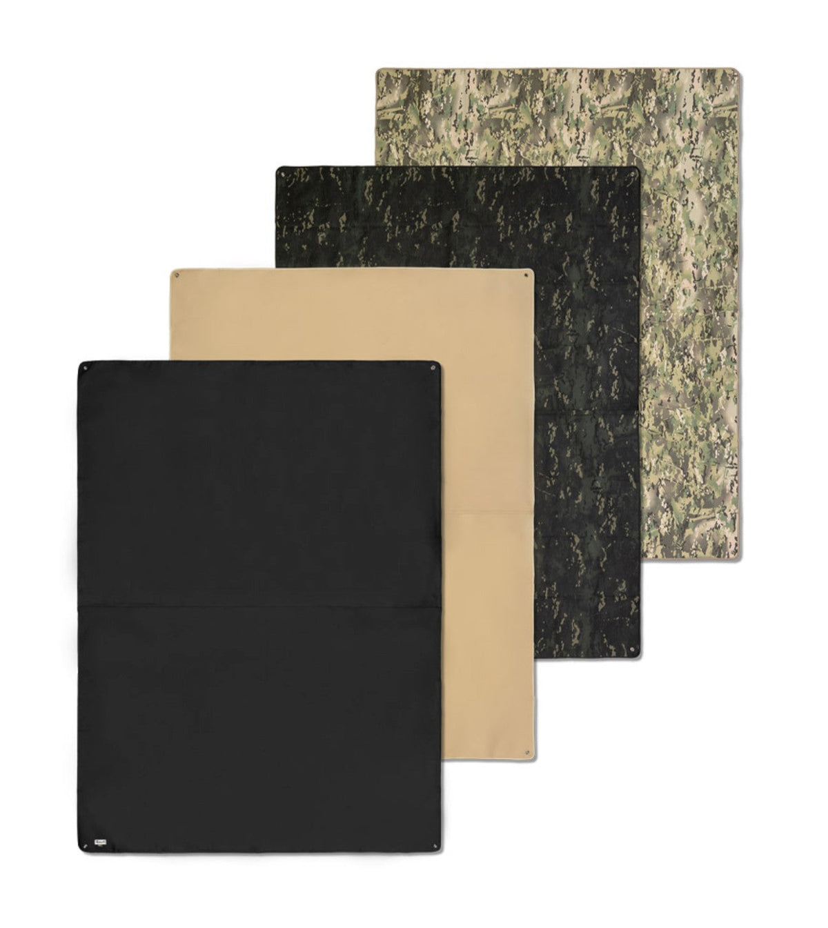 Four colourways stacked: Black, Tan, Black Multicam and Multicam