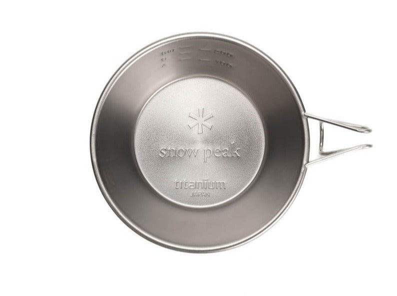 Snow Peak Titanium Backpackers Cup with logo and measures