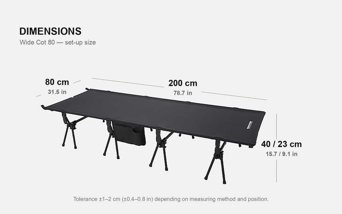 Dimension drawing of the Wide Cot 80: 200 cm long, 80 cm wide, 40 or 23 cm high, with imperial equivalents.