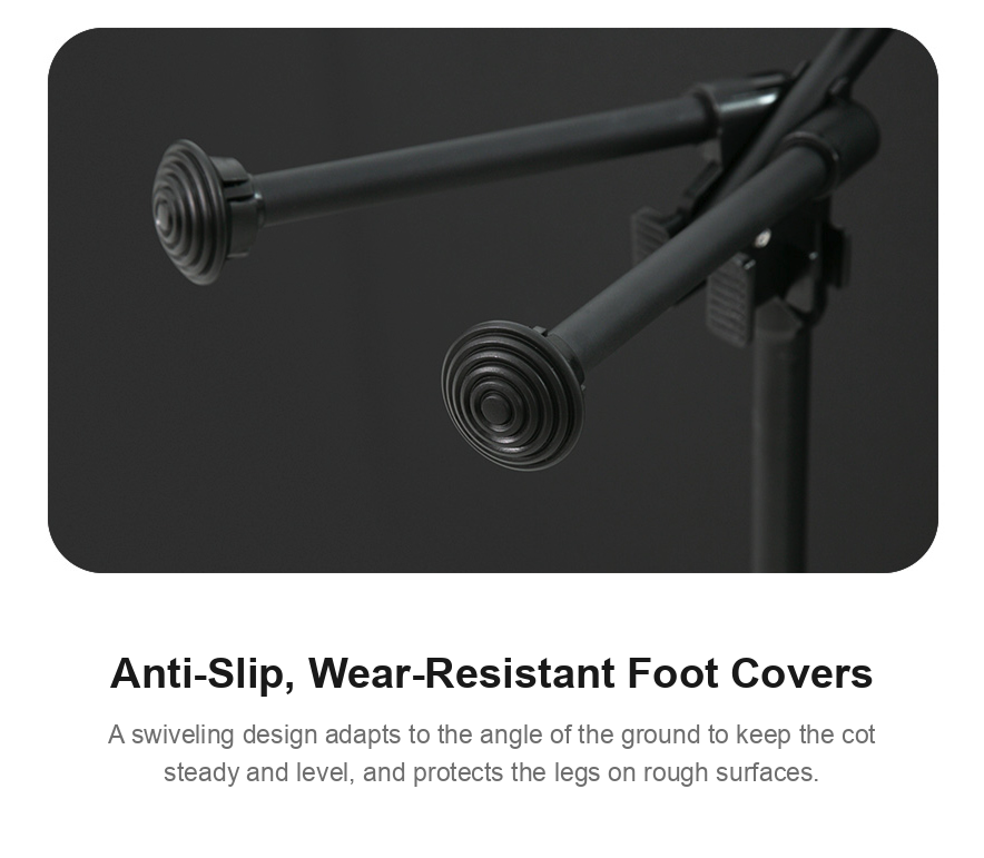 Close-up of the swivel anti-slip foot covers on the Wide Cot 80 leg ends.