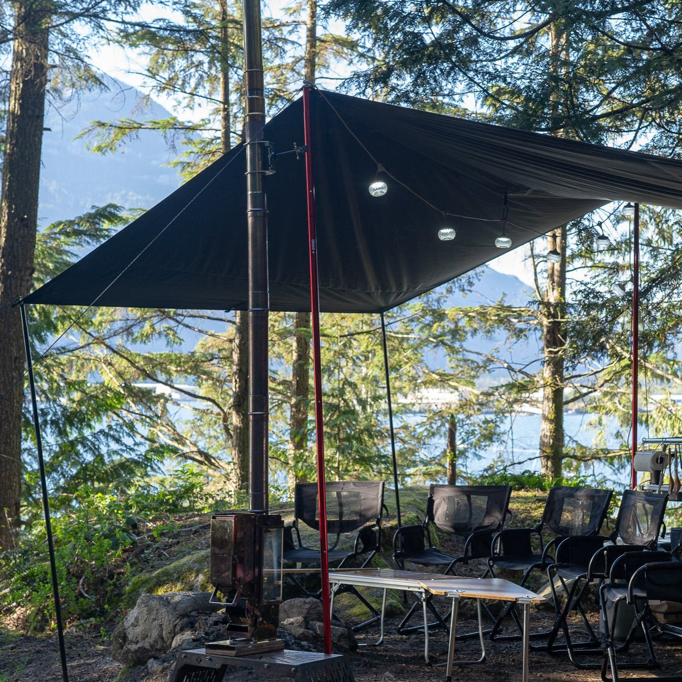 LNT Overland ES Awning Tarp is setup and longer poles in the center gives incredible spacious