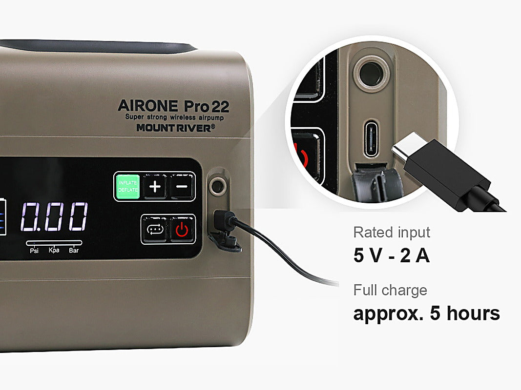 USB-C cable plugged into the pump's charging port; rated input 5 V-2 A, full charge about 5 hours.