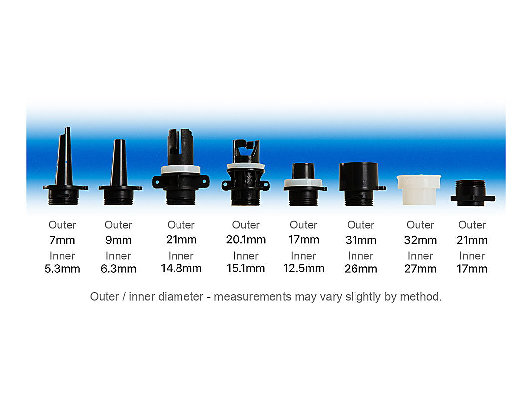 The eight nozzles lined up with their outer and inner diameters, from 7 mm to 32 mm outer diameter.