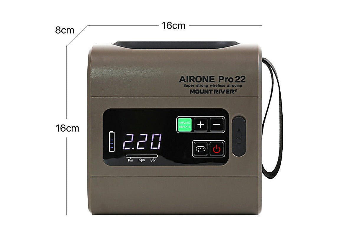 Dimension drawing of the Air One Pro 22 pump: 16 cm wide, 16 cm high and 8 cm deep.