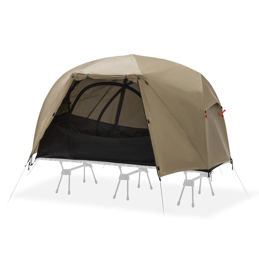 Tent shown from front and rear, highlighting the symmetric structure and central pole hub
