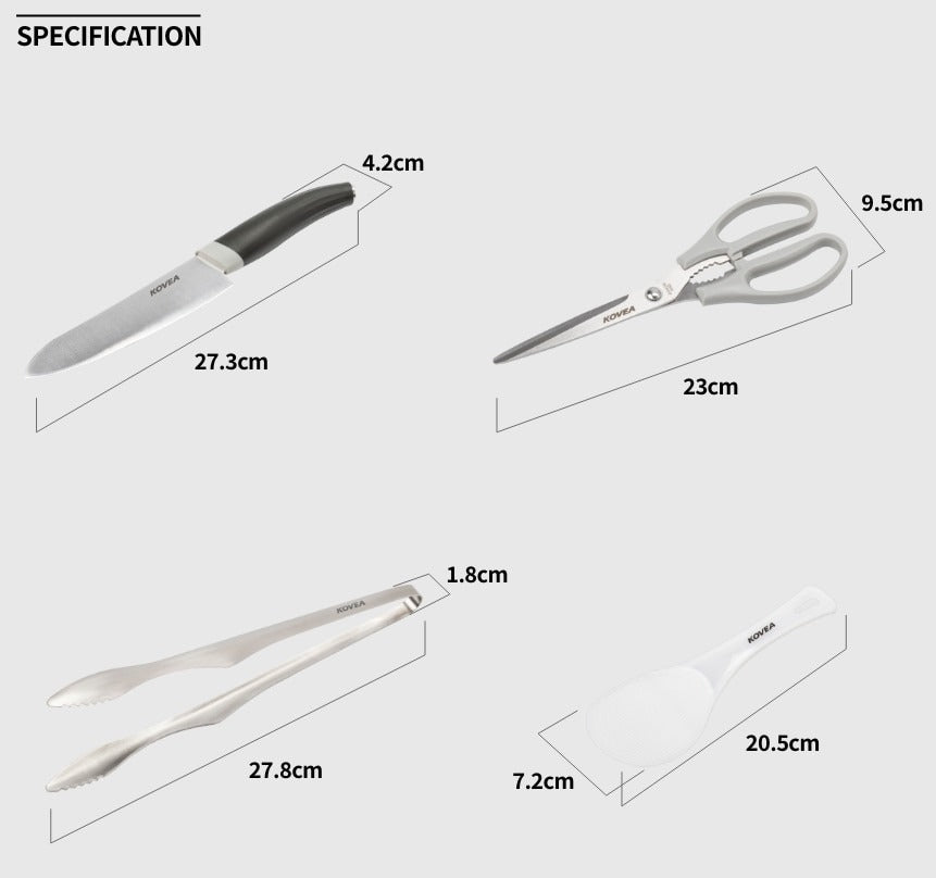 Dimension diagram for the knife, scissors, tongs, and rice paddle