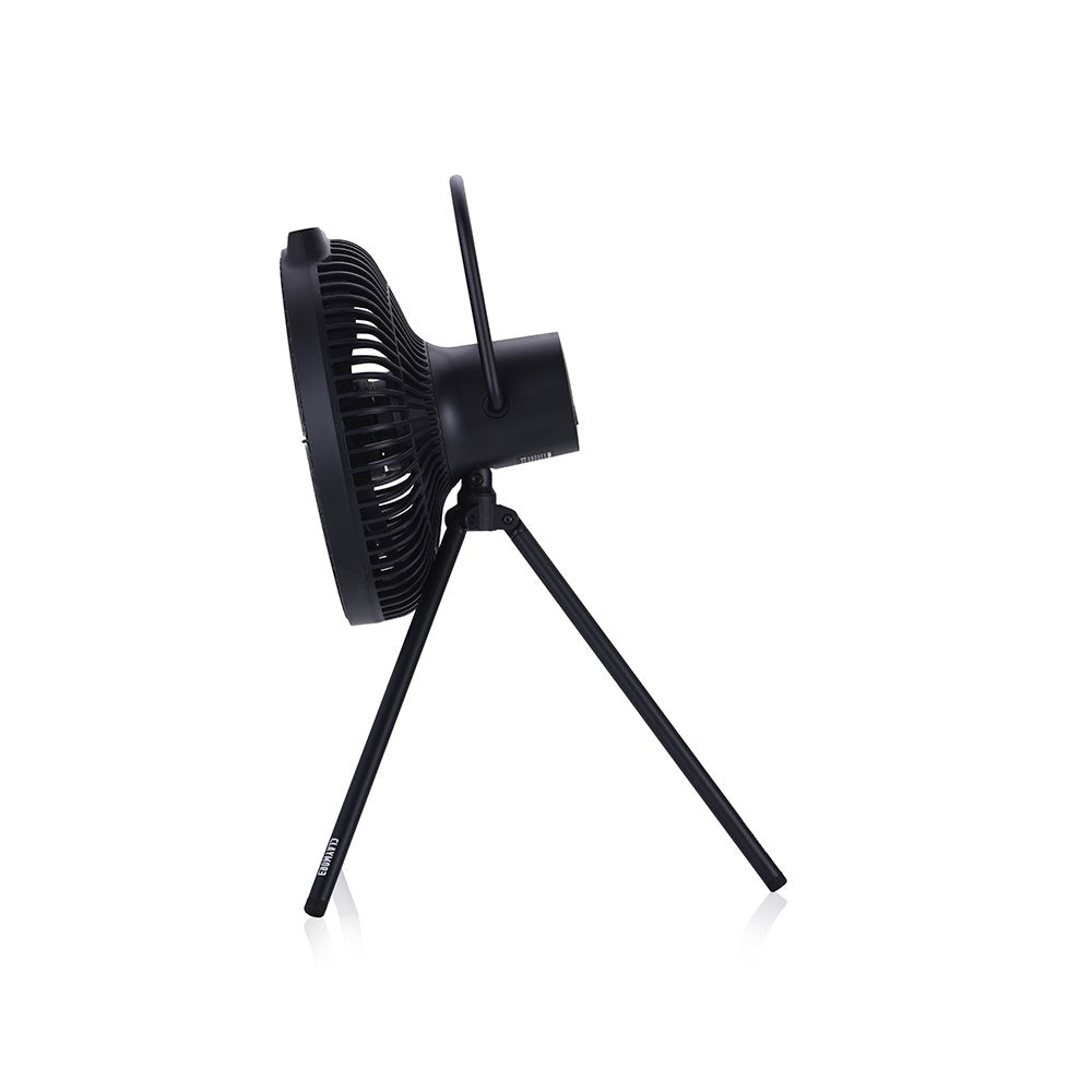 Black V1040 fan with its wire handle folded back, propped as a tabletop stand