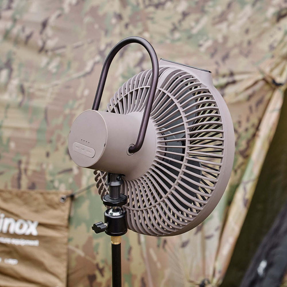 V1040 fan mounted on a camera tripod ball head using its 1/4-inch socket