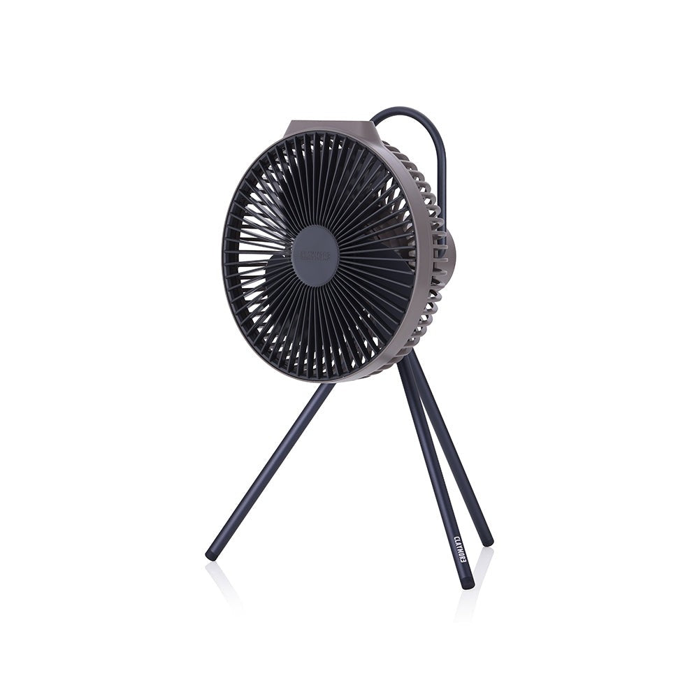 V600+ fan in Warm Grey mounted on its included tripod stand, three-quarter view