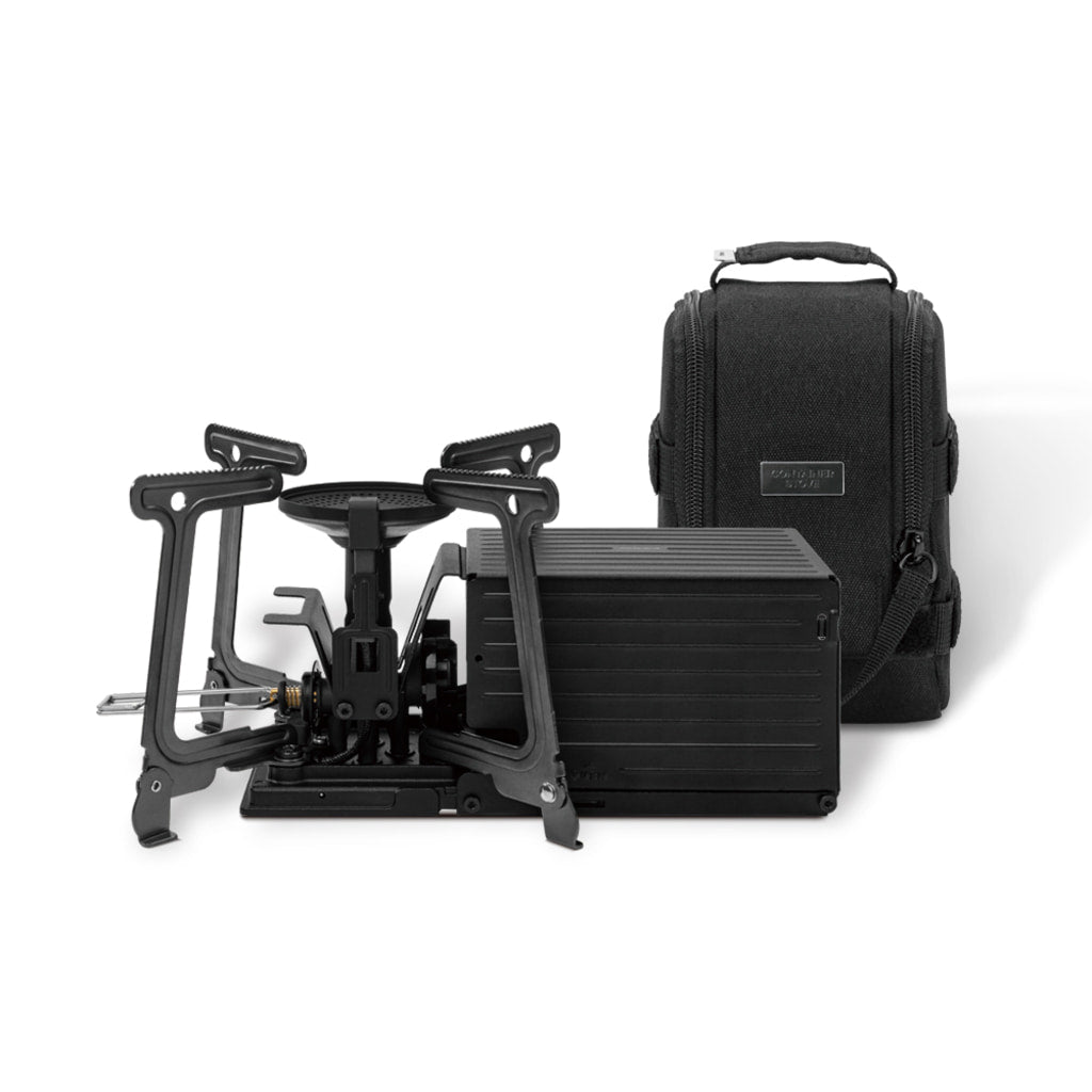 Container Stove in black: burner unfolded, container body, and carry case