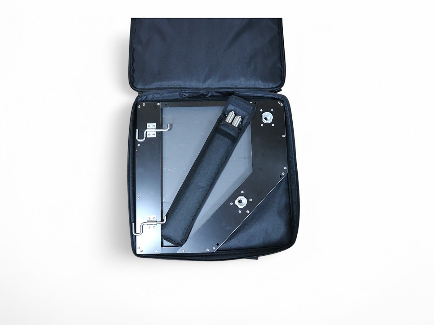 Open carry bags showing the corner table and the rolled leg bag packed inside.