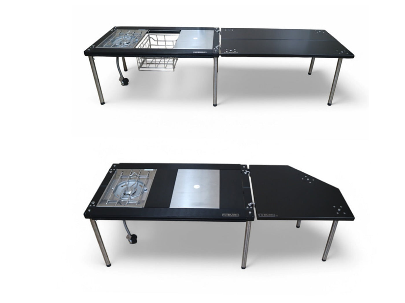Corner table joined to an IGT table at two different leg heights.