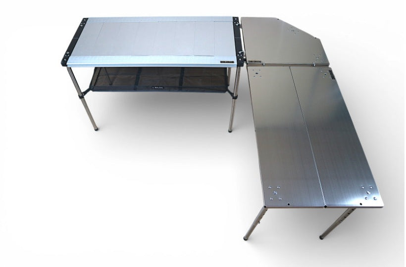 Silver corner table joining two IGT tables into an L-shaped camp kitchen. The other tables are separate purchases.