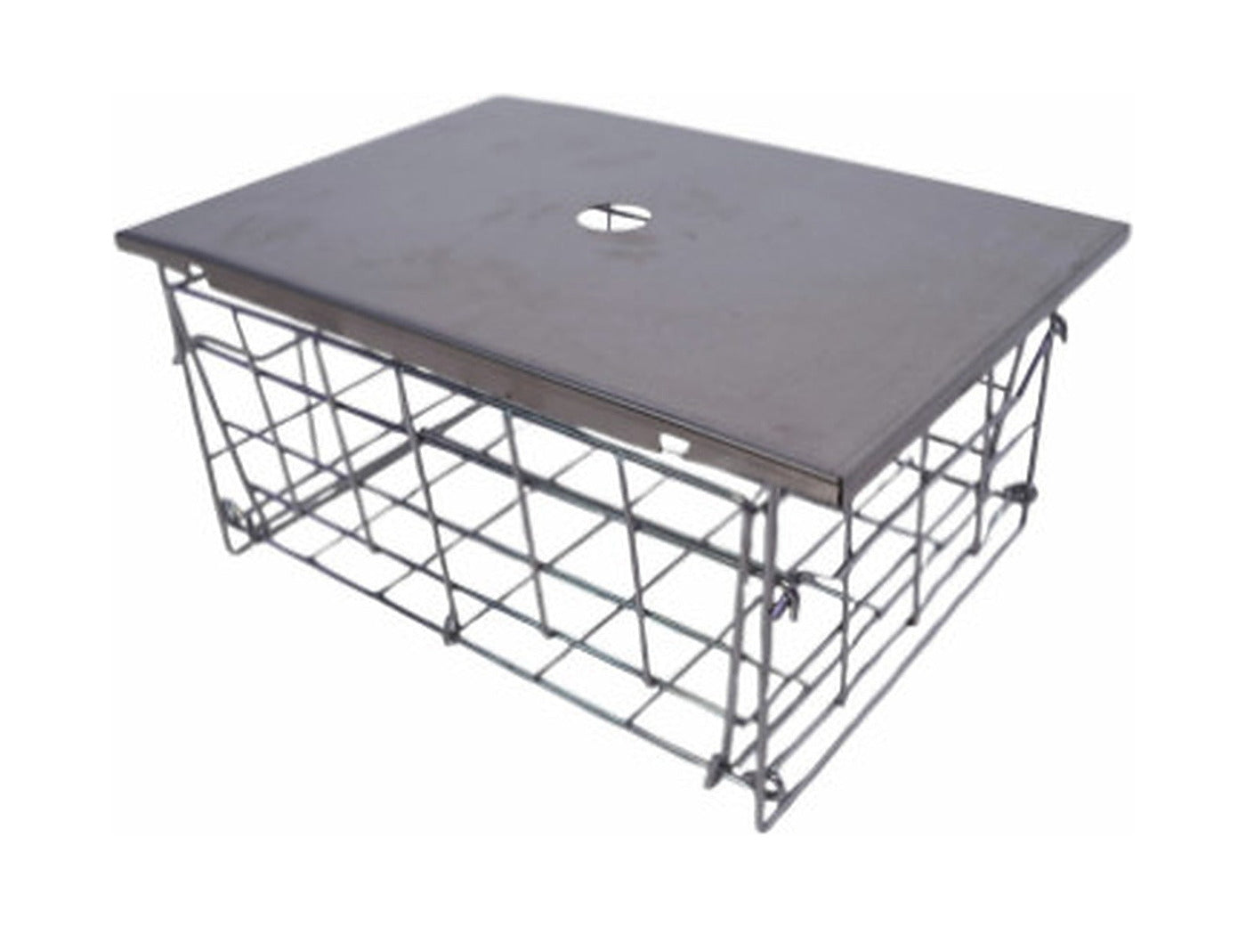Top plate sitting level across a Biloc folding wire basket, with no step at the rim.