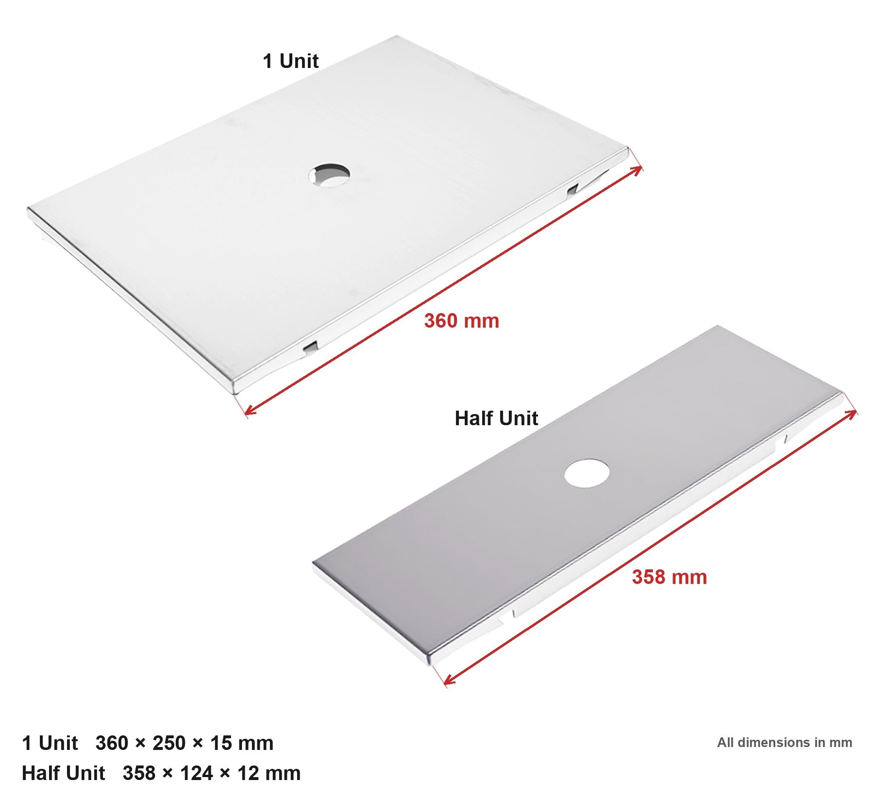 Both Biloc IGT table top plates on white with the long edge dimensioned: 1 Unit 360 by 250 by 15 mm, Half Unit 358 by 124 by 12 mm.