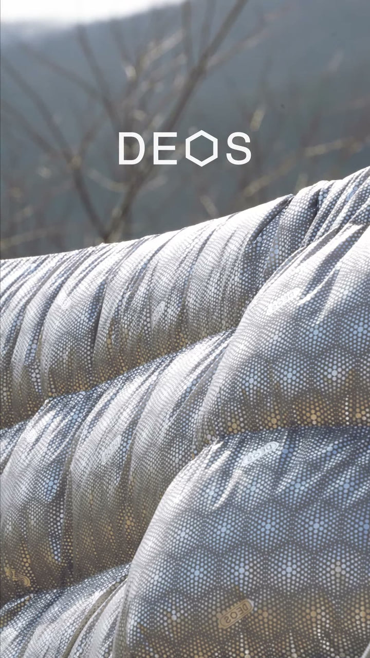 DEOS quilted fabric close-up with wordmark