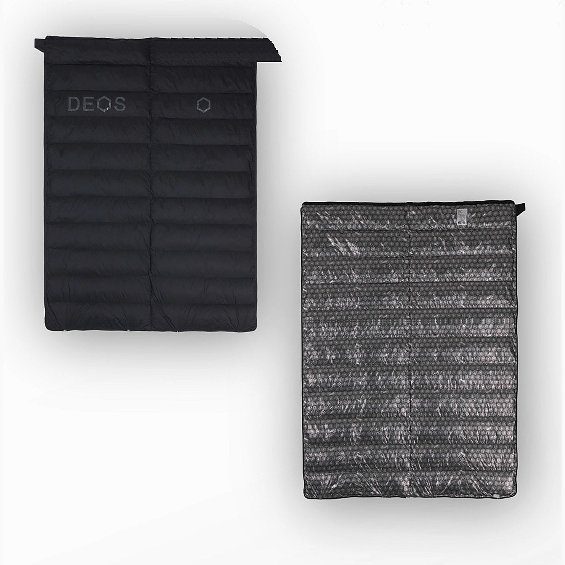 DEOS Eco-Down Camp Comforter 500 in black — quilted face and heat-reflective lining