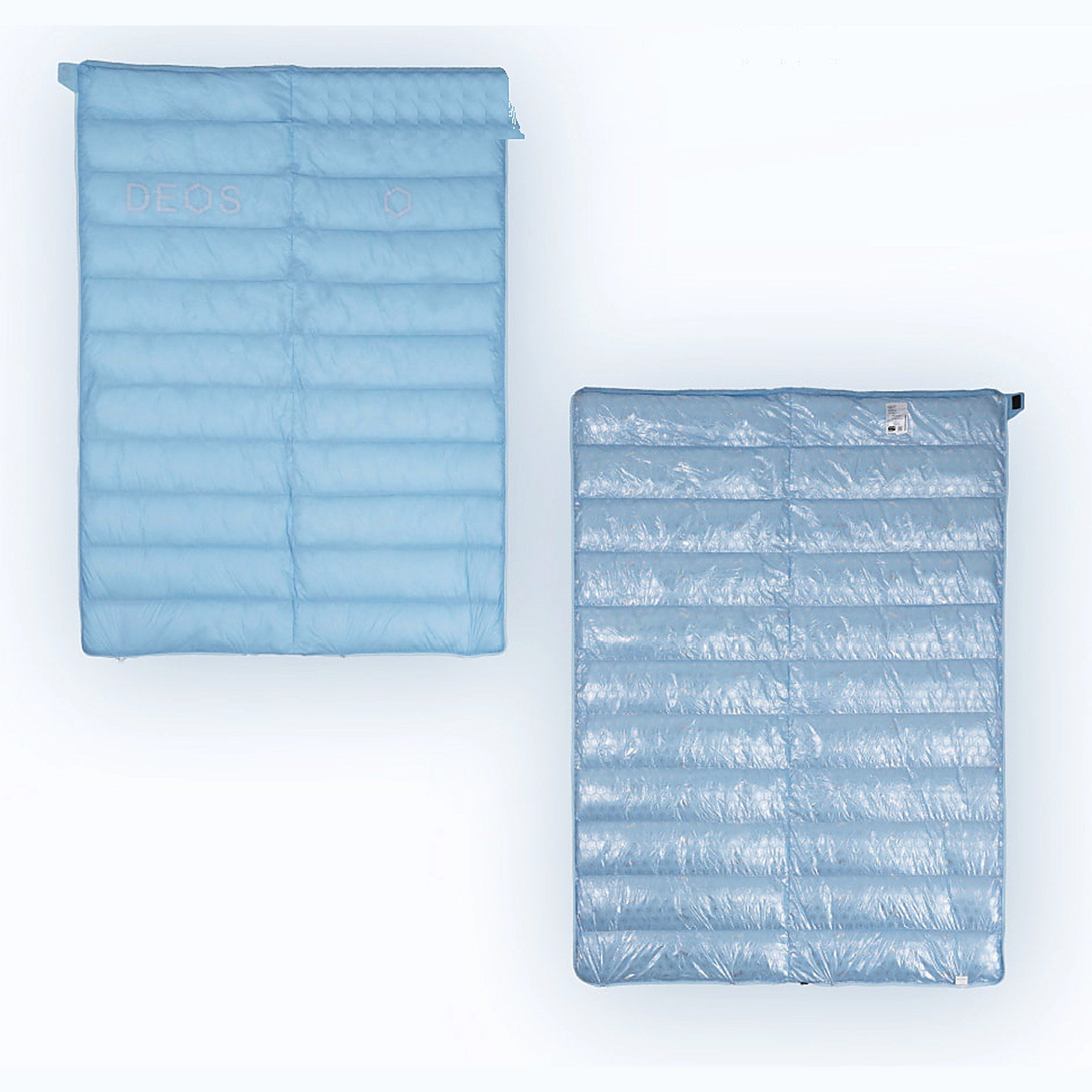 DEOS Eco-Down Camp Comforter 500 in sky blue — quilted face and heat-reflective lining
