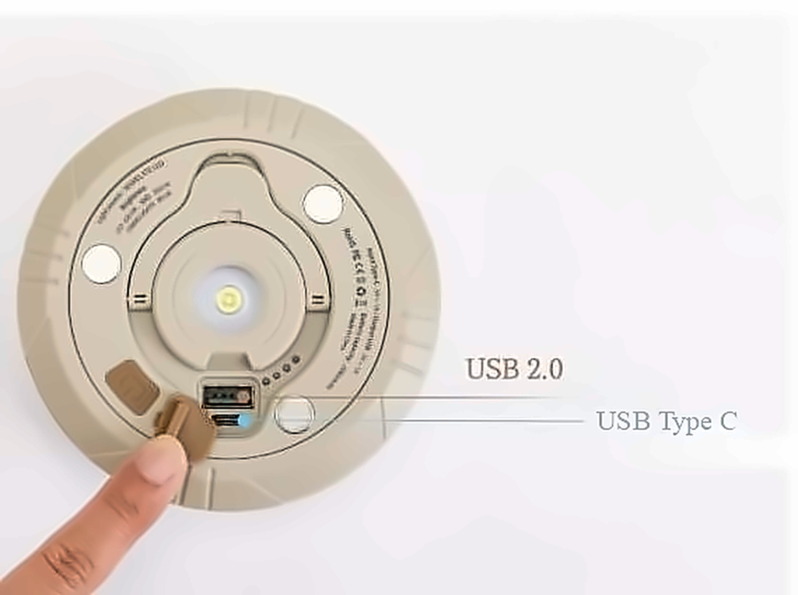 Close-up of the USB 2.0 and USB Type-C ports on the back of the lantern, opened with a finger