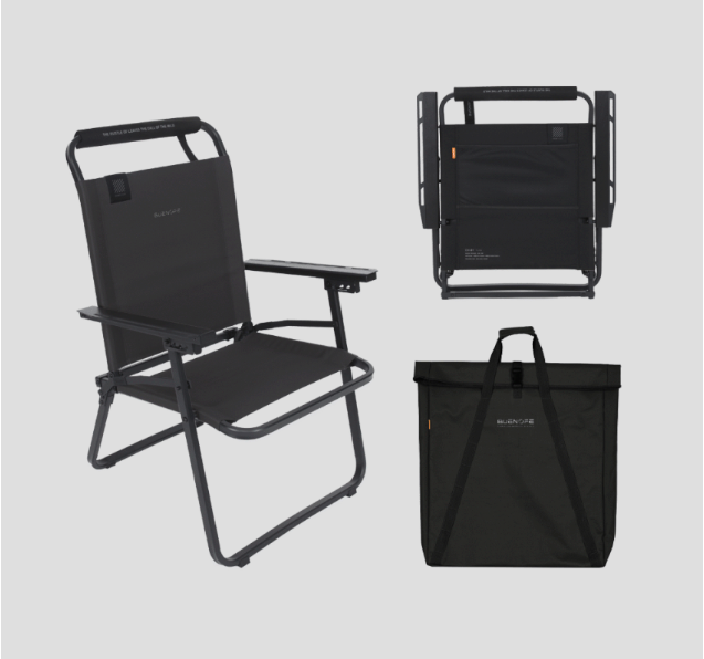 FLOW folding chair black colorway set: assembled chair, folded flat profile, and matching roll-top storage bag