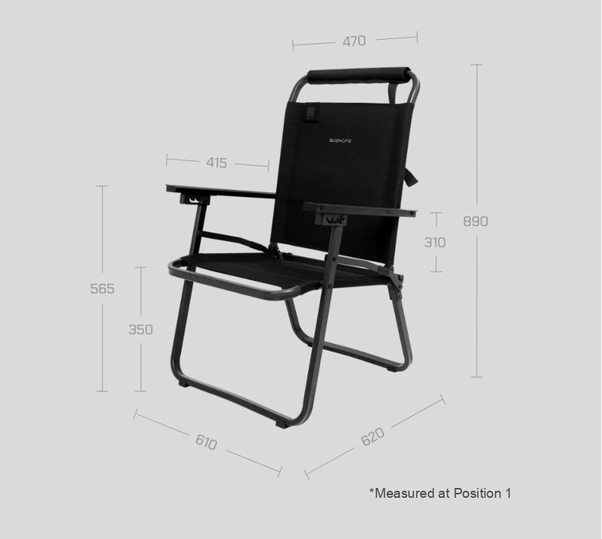 FLOW folding chair in-use dimensions: W610 x D620 x H890 mm, seat height 350 mm, armrest height 565 mm