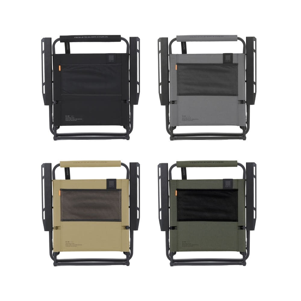 All four FLOW folding chair colors folded flat: black, gray, tan, and khaki with rear mesh pockets