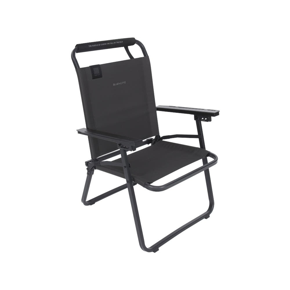 BUENOFE FLOW folding camp chair in black, front three-quarter studio view with PU-coated ash wood armrests
