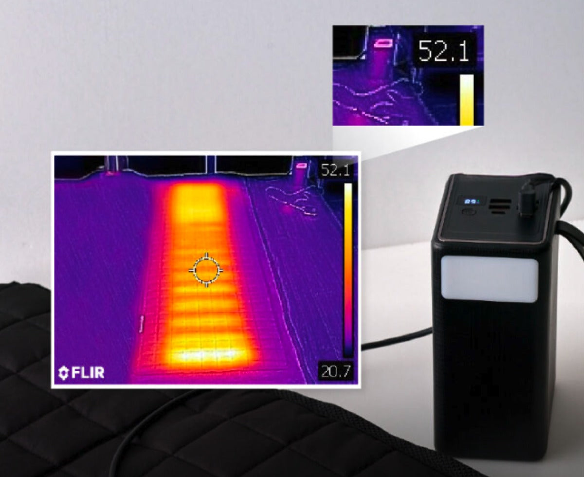 Thermal camera view showing even heat across the full carbon heating pad surface, next to a power bank
