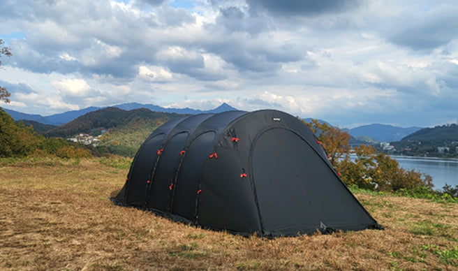 Gopamir T720+ Living Air Shelter, Dark Green, aerial view of the pitched double-wall shelter
