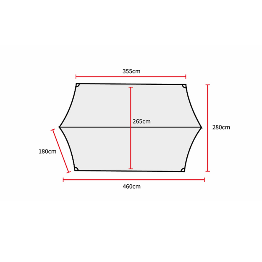 Gopamir T720+ Side Tarp dimension diagram — 460 cm maximum width, 355 cm top edge, 280 cm depth, 265 cm center, 180 cm side panel