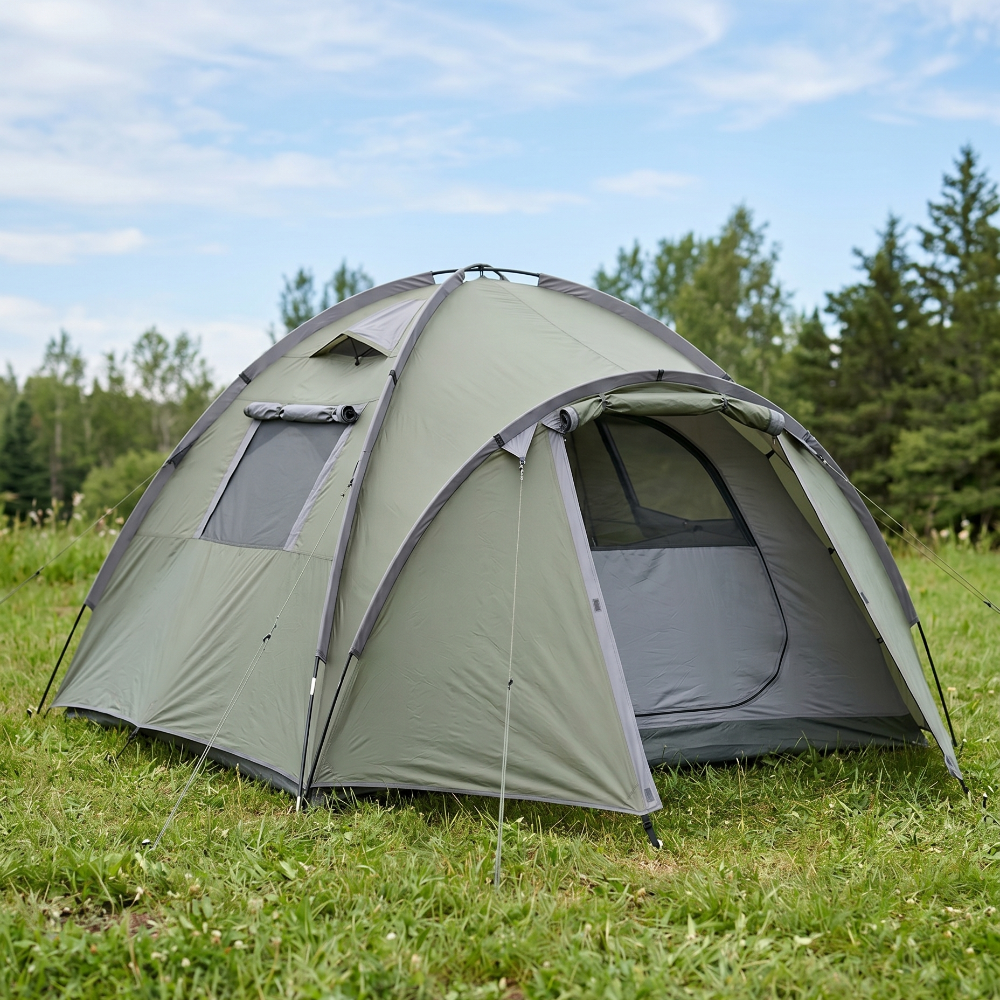 Typical large dome tent with pole sleeves visible and duffle-style storage bag