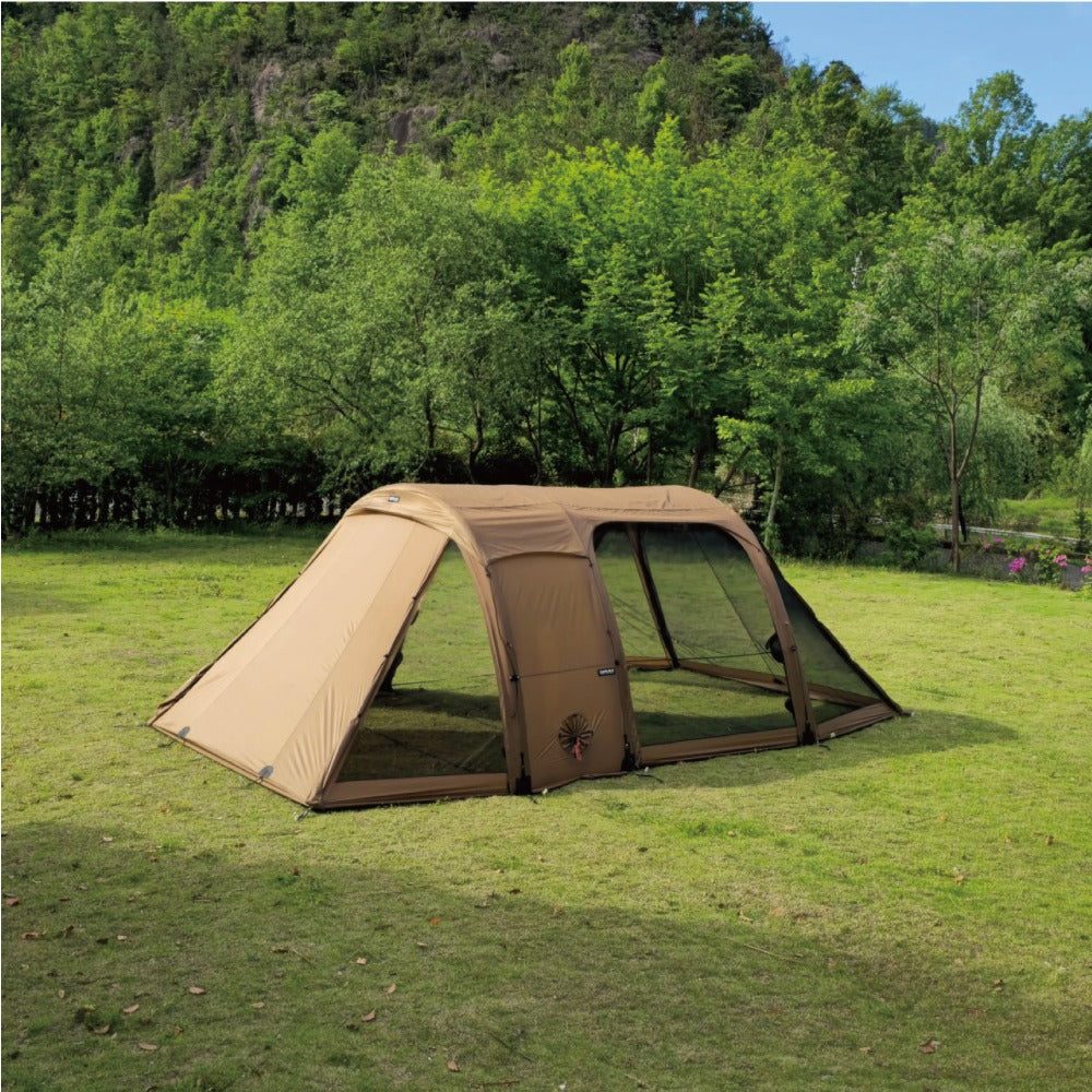 TN600 air shelter set up with upright walls visible and backpack carry bag in foreground