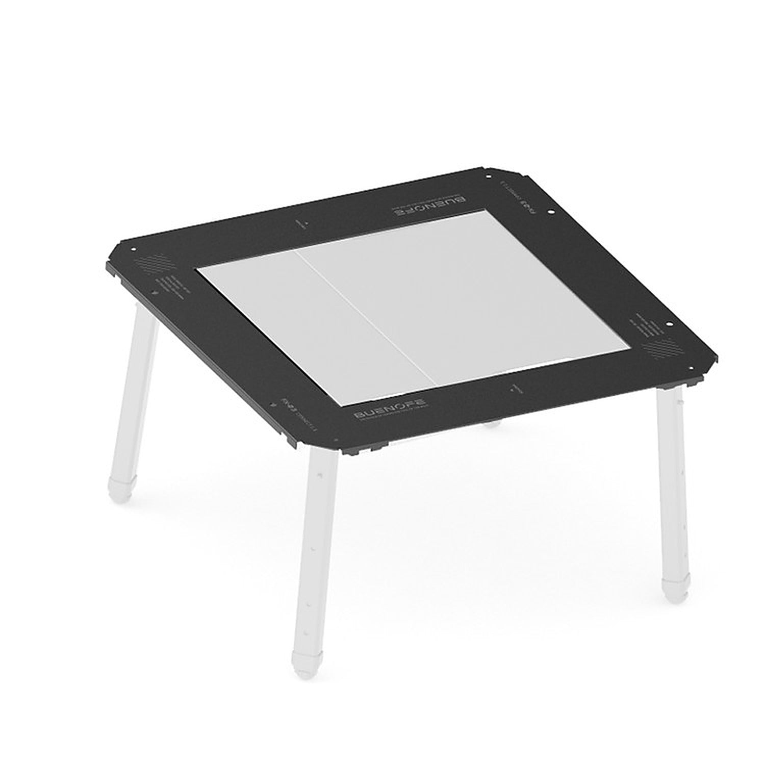 BUENOFE IGT Connect Table 1.5 product render on a white background showing the black aluminum rail frame in solid detail with translucent ghosted quick-slot legs, visualizing that the legs are sold separately.